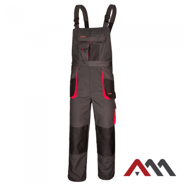 Delovne hlače z naramnicami - farmer CLASSIC - SIVO-RDEČE